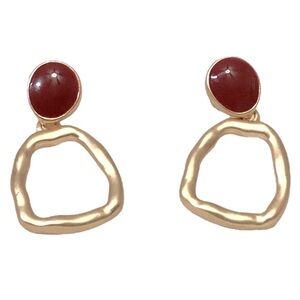 Matte Gold Tone & Ruby Red Colored Stone Drop Earrings for Pierced Ears New!